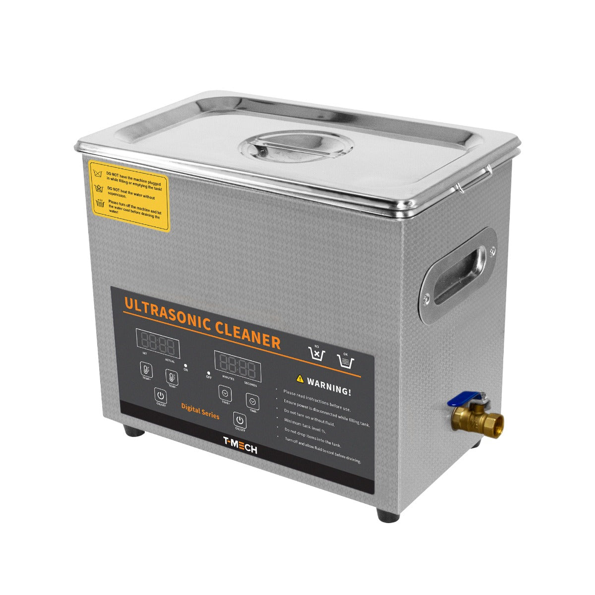 Nettoyeur ultrasonique T-Mech de 6 L en acier inoxydable, avec un couvercle en métal, boutons numériques et robinet pour un usage pratique