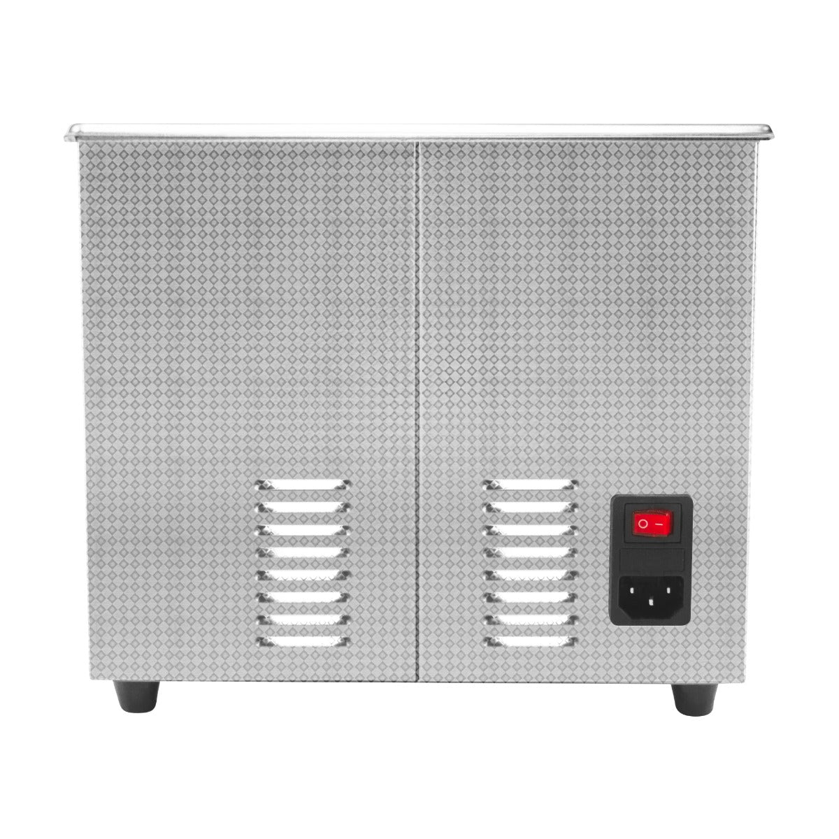 Nettoyeur ultrasonique T-Mech 6 L en acier inoxydable, finition texturée, avec boutons de contrôle et grilles d'aération sur le devant