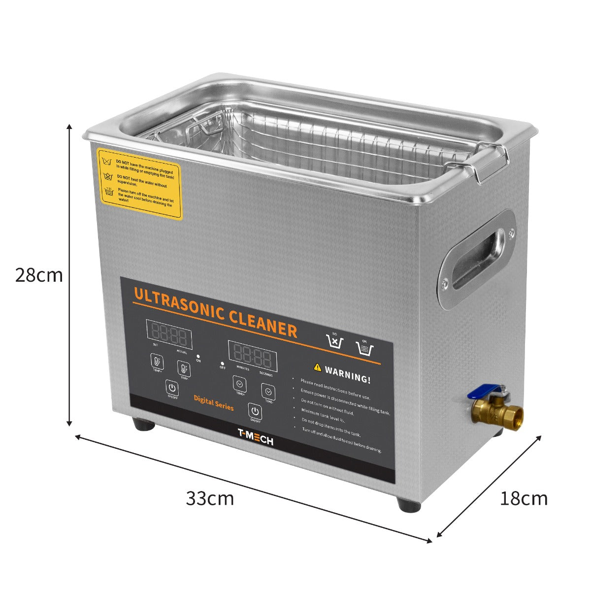 Nettoyeur ultrasonique T-Mech de 6 L en acier inoxydable, avec écran numérique, dimensions 33x18x28 cm, idéal pour un nettoyage efficace