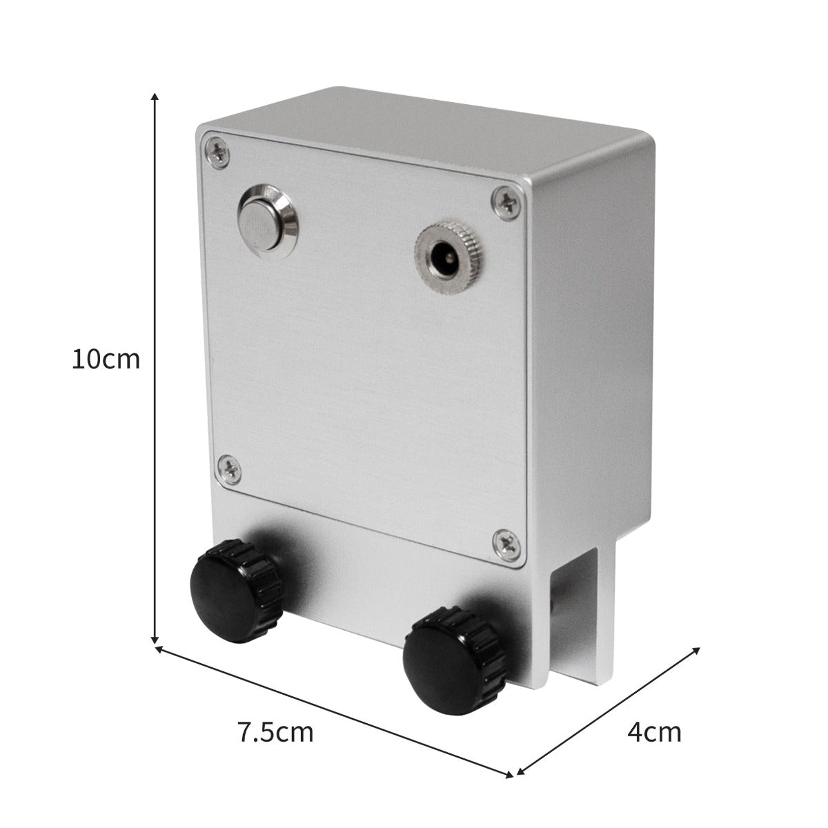 Nettoyeur ultrasonique en aluminium argenté, dimensions 10x7,5x4 cm, avec boutons de réglage et prise pour disques vinyles