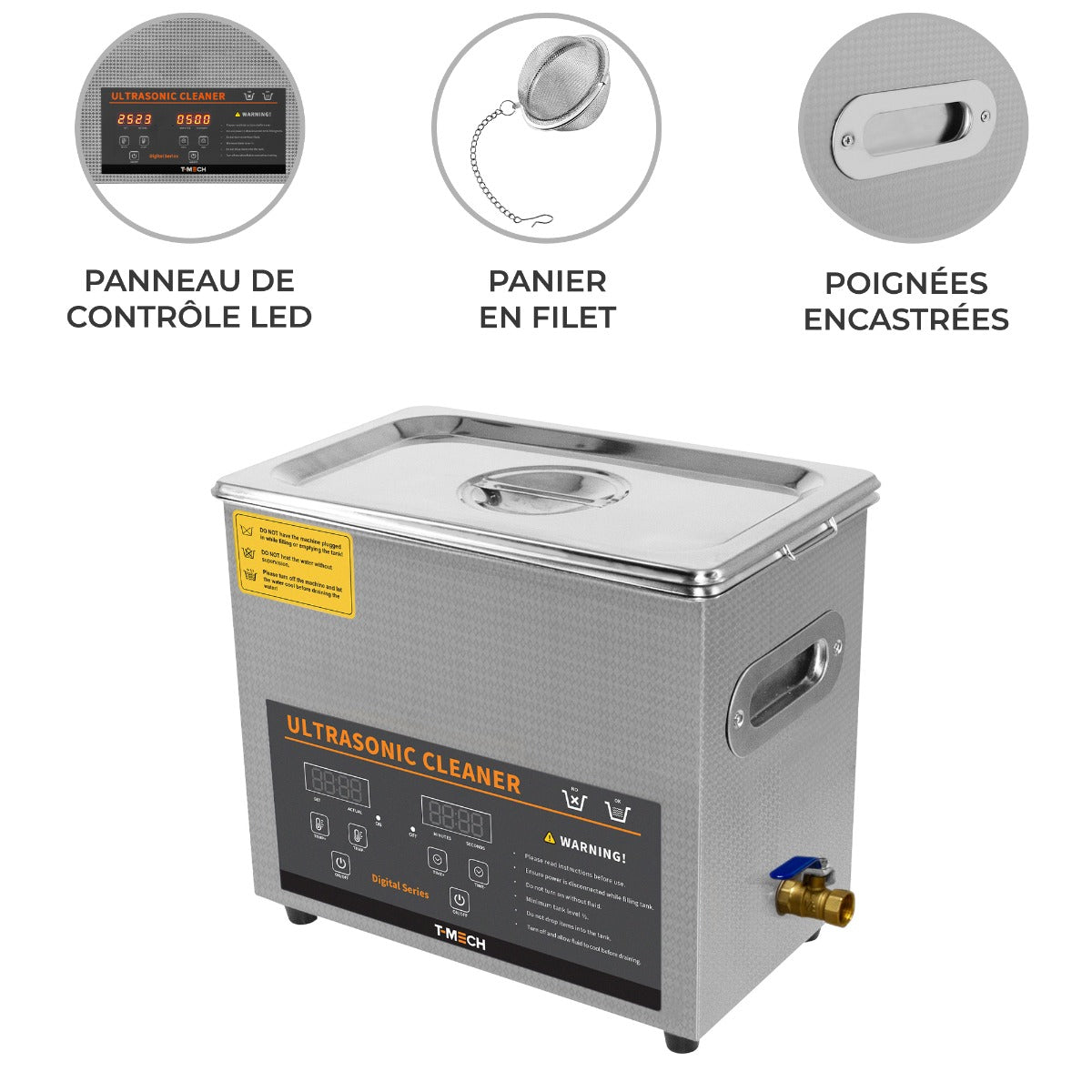 Nettoyeur ultrasonique T-Mech de 6 L en acier inoxydable, avec panneau de contrôle LED, panier en filet et poignées encastrées