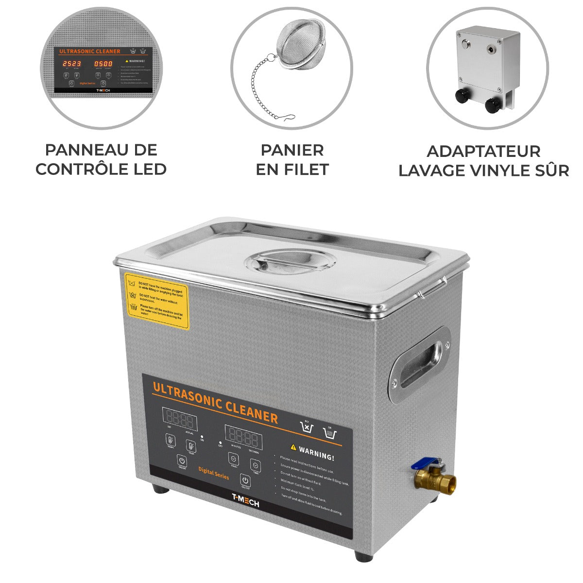 Nettoyeur ultrasonique T-Mech de 6 L en acier inoxydable avec panneau LED, panier en filet et adaptateur pour disques vinyles