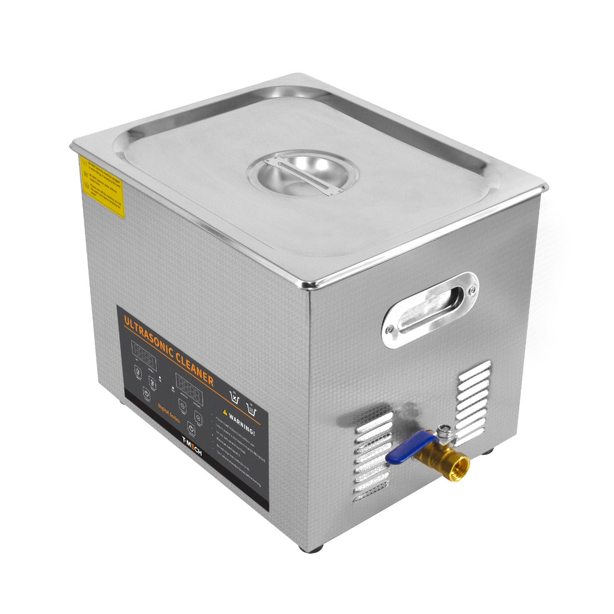 Nettoyeur ultrasonique de 10 L en acier inoxydable, avec un couvercle en métal, une robinetterie bleue et un panneau de contrôle noir