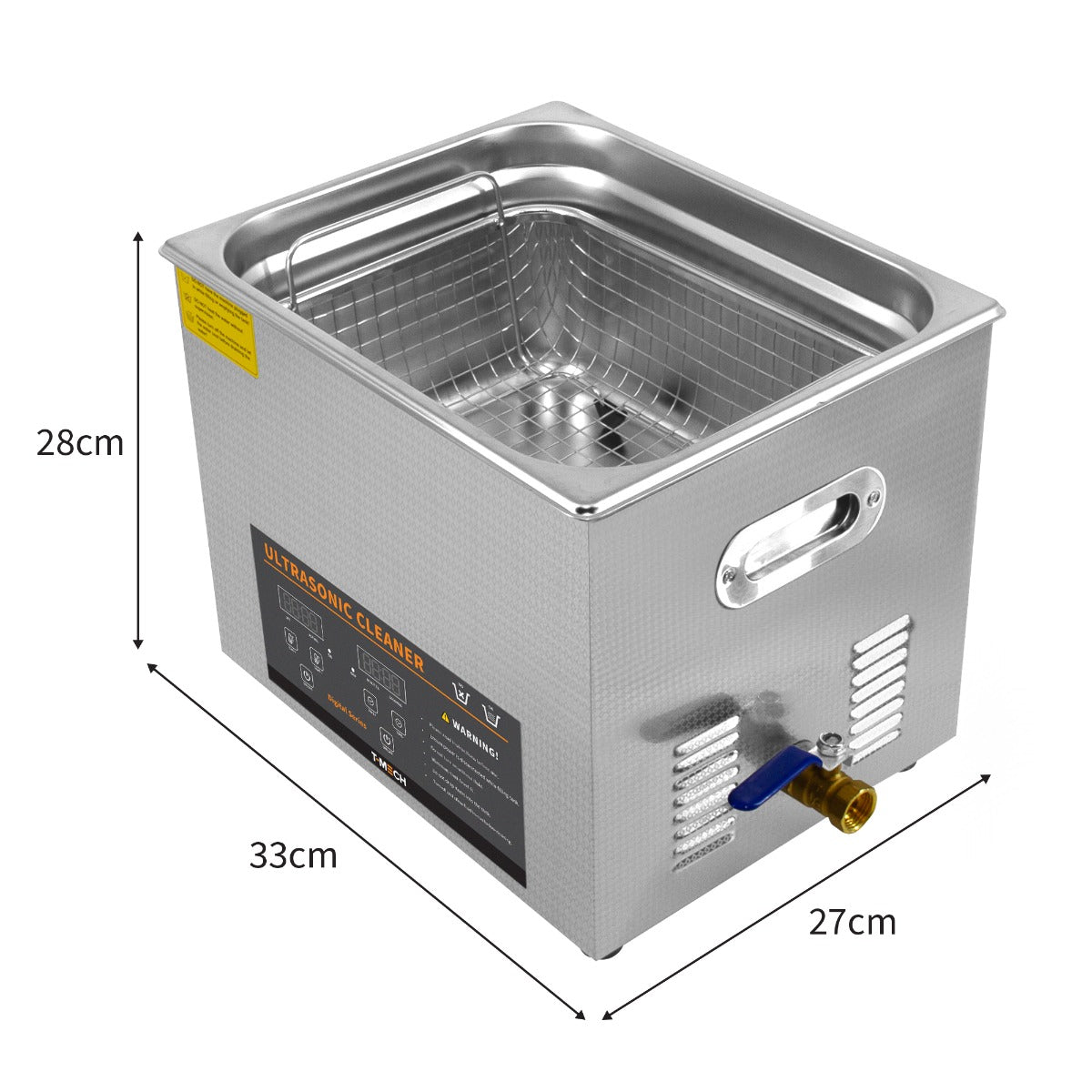 Nettoyeur ultrasonique T-Mech de 10 L en acier inoxydable, avec un design carré, grille intérieure et robinet pour un usage pratique
