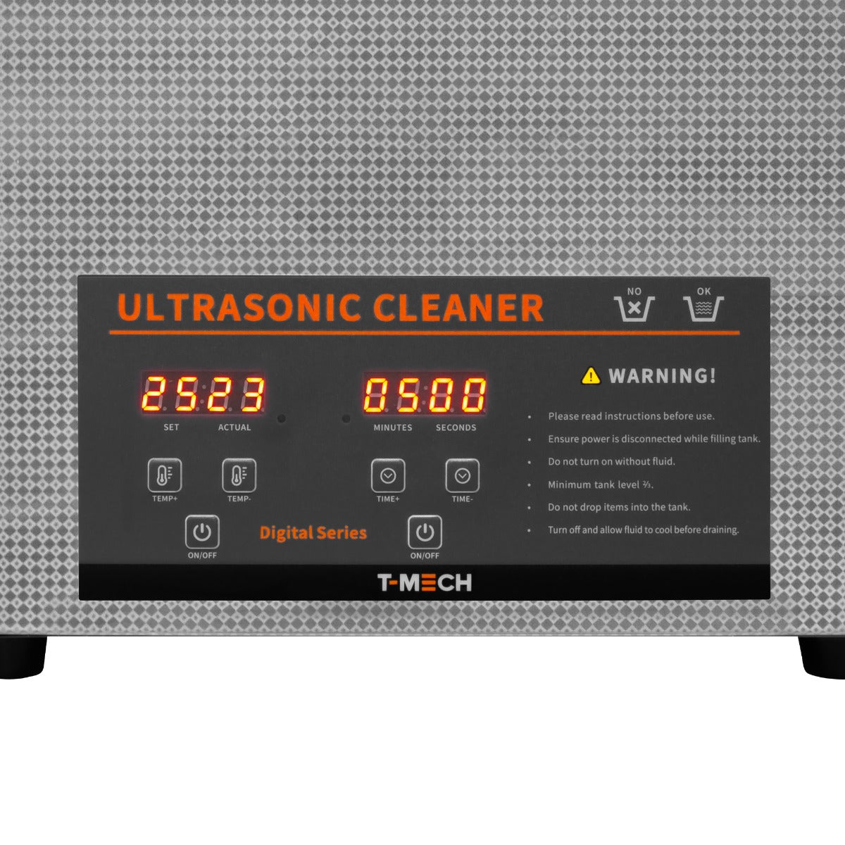 Nettoyeur ultrasonique T-Mech de 10 L avec écran numérique affichant le temps et les réglages, boîtier en acier inoxydable argenté