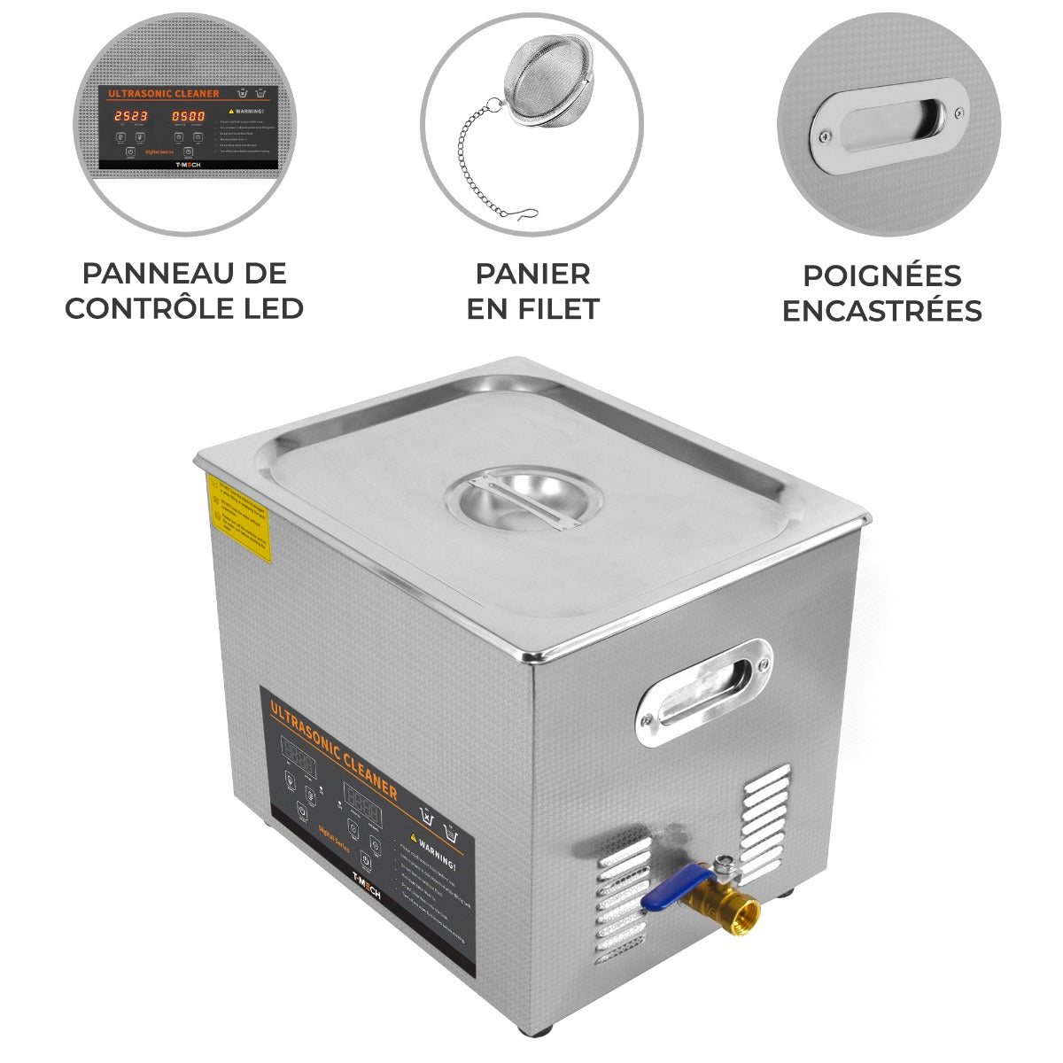 Nettoyeur ultrasonique de 10 L en acier inoxydable, avec panneau de contrôle LED, panier en filet et poignées encastrées pour un transport facile