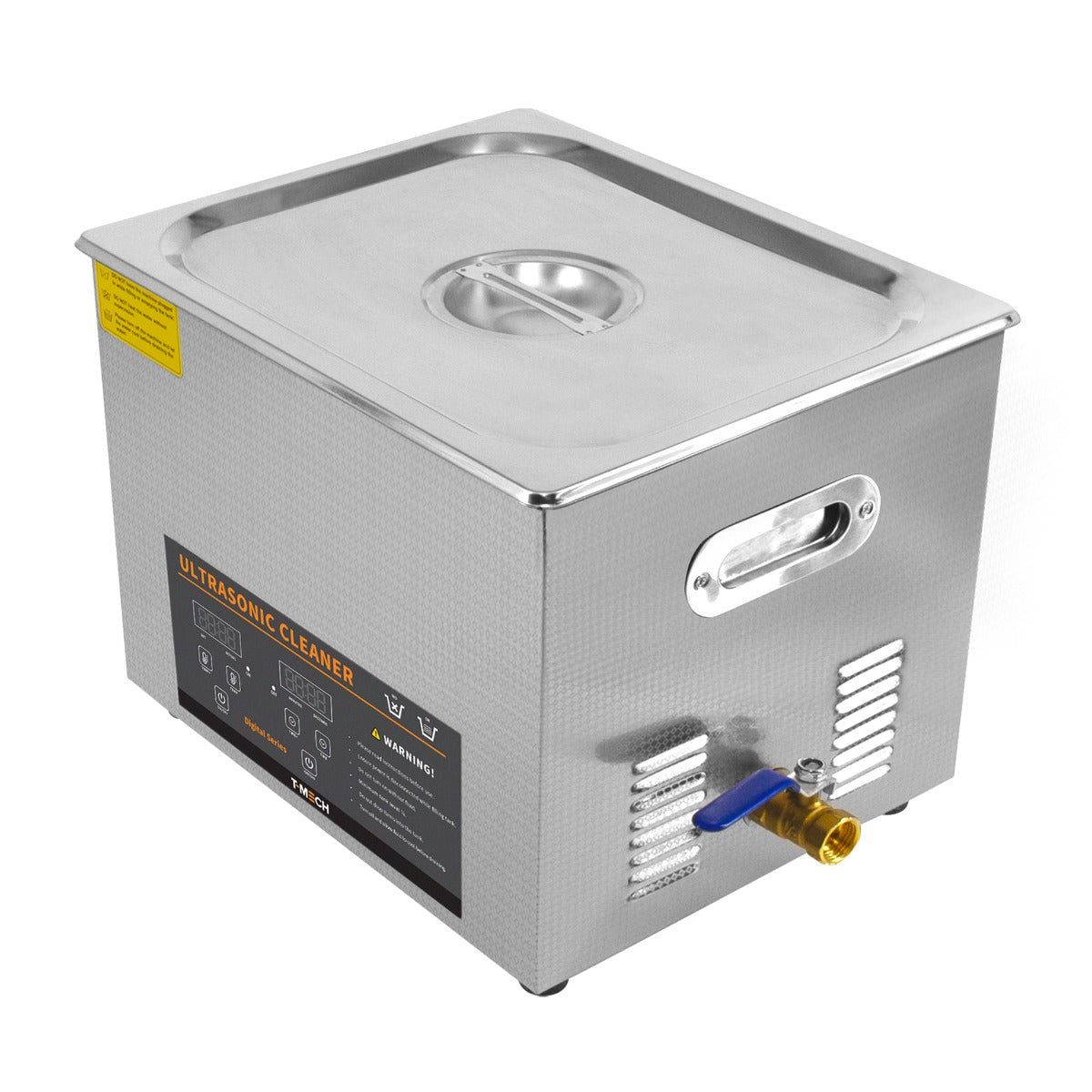Nettoyeur ultrasonique T-Mech de 15 L en acier inoxydable, avec un couvercle en acier, robinet et finition texturée argentée brillante