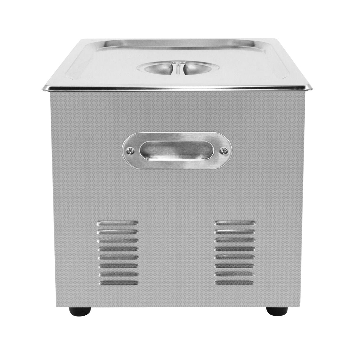 Nettoyeur ultrasonique T-Mech 15 L en acier inoxydable, finition texturée, avec un couvercle en métal et des poignées latérales pratiques