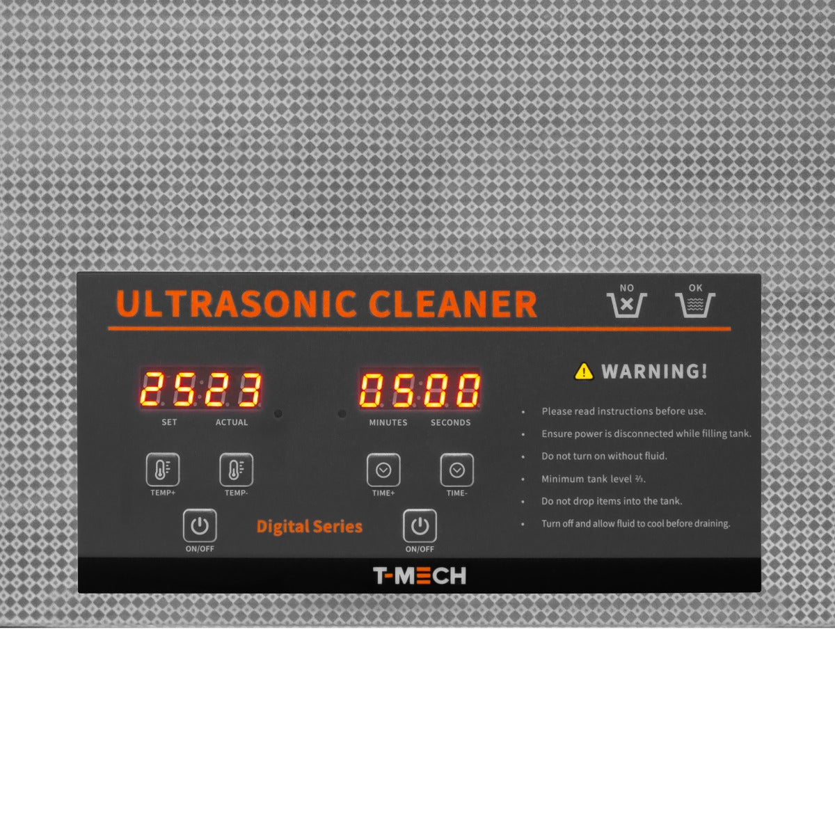 Panneau de contrôle numérique du nettoyeur ultrasonique T-Mech 15 L, affichant des chiffres rouges pour le temps et le niveau d'eau