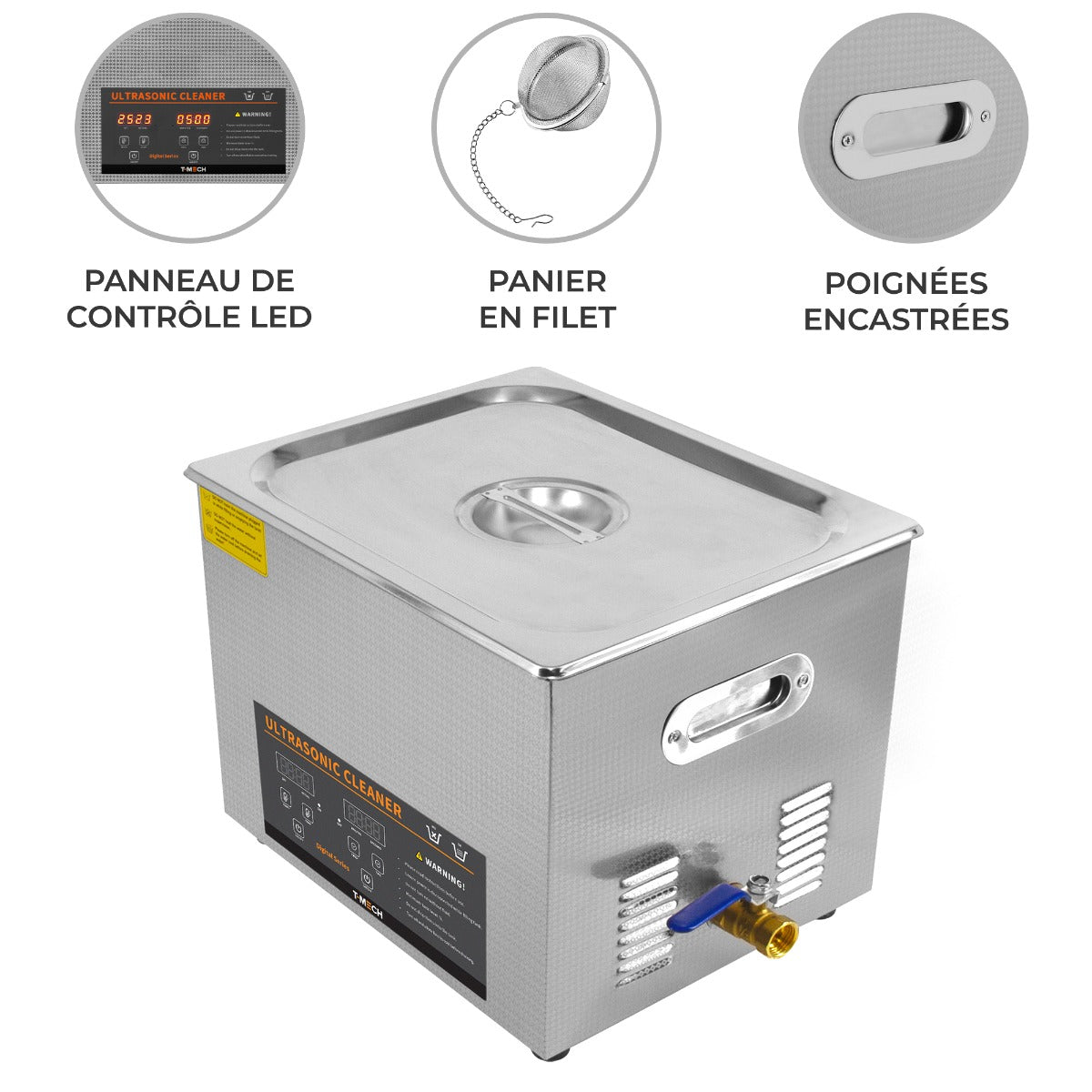 Nettoyeur ultrasonique 15 L en acier inoxydable avec panneau de contrôle LED, panier en filet et poignées encastrées pour un transport facile