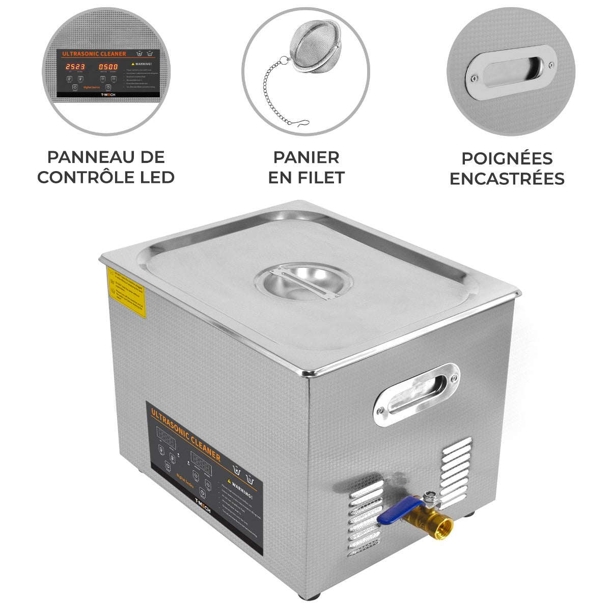 Nettoyeur ultrasonique de 30 L en acier inoxydable, avec panneau de contrôle LED, panier en filet et poignées encastrées pour un transport facile