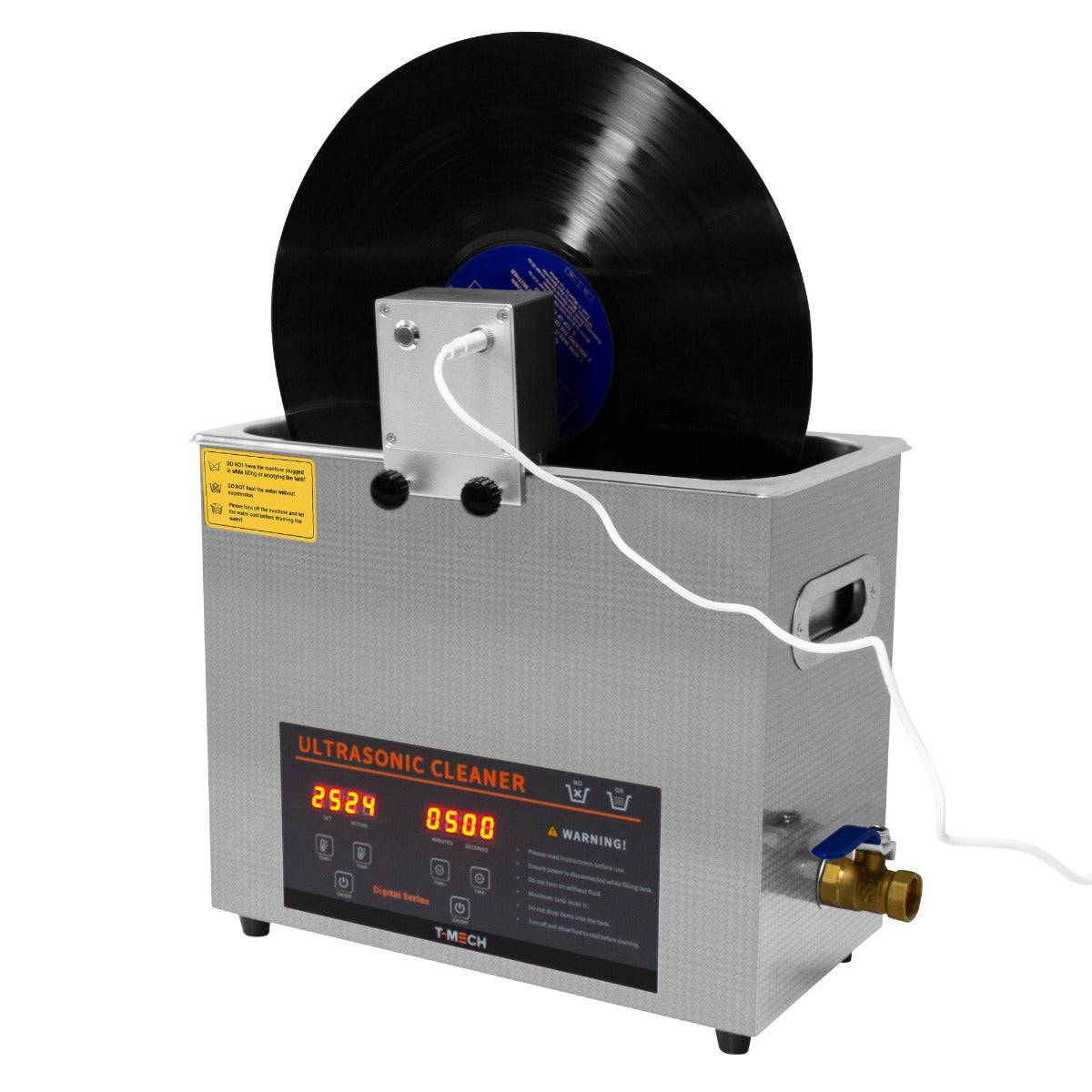 Adaptateur en métal argenté pour disques vinyles, monté sur un nettoyeur ultrasonique avec écran numérique et boutons de contrôle