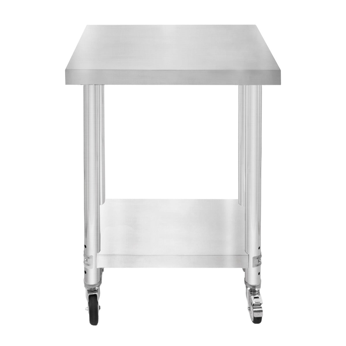 Plan de travail en inox brillant, dimensions 60 x 45 x 86 cm, avec roulettes et étagère inférieure pour un rangement pratique