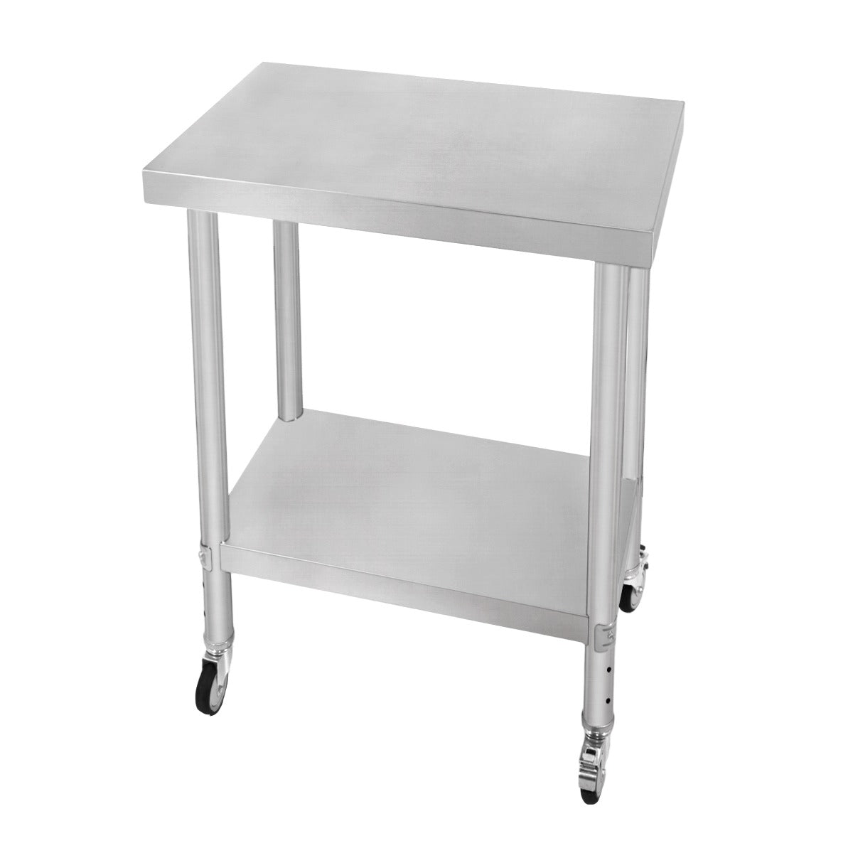 Plan de travail en inox de 60 x 45 x 86 cm avec surface lisse, roulettes et étagère inférieure pour un rangement pratique