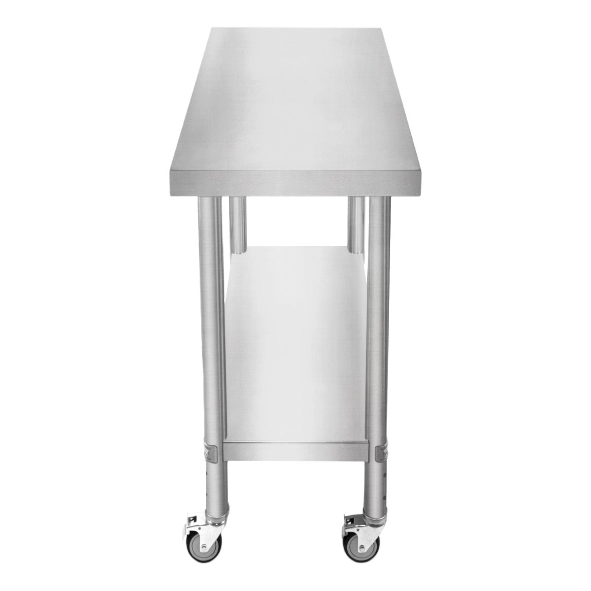 Plan de travail en inox argenté, dimensions 60 x 45 x 86 cm, avec roulettes et étagère inférieure pour un rangement pratique