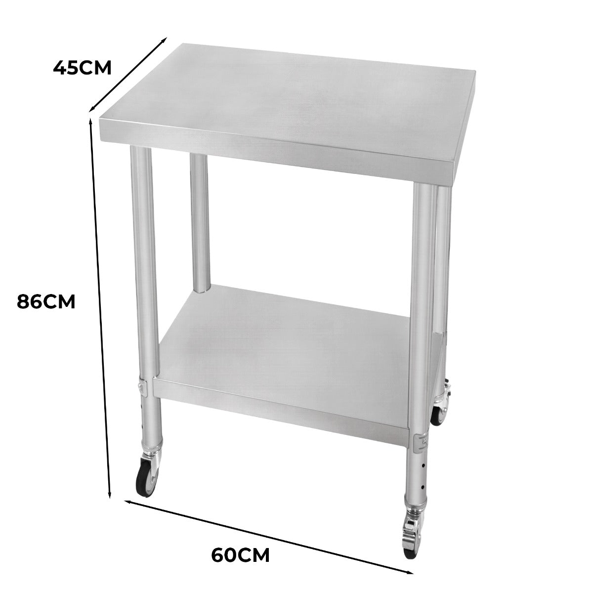 Plan de travail en inox, dimensions 60 x 45 x 86 cm, surface lisse, robuste, avec étagère inférieure et roulettes pour mobilité