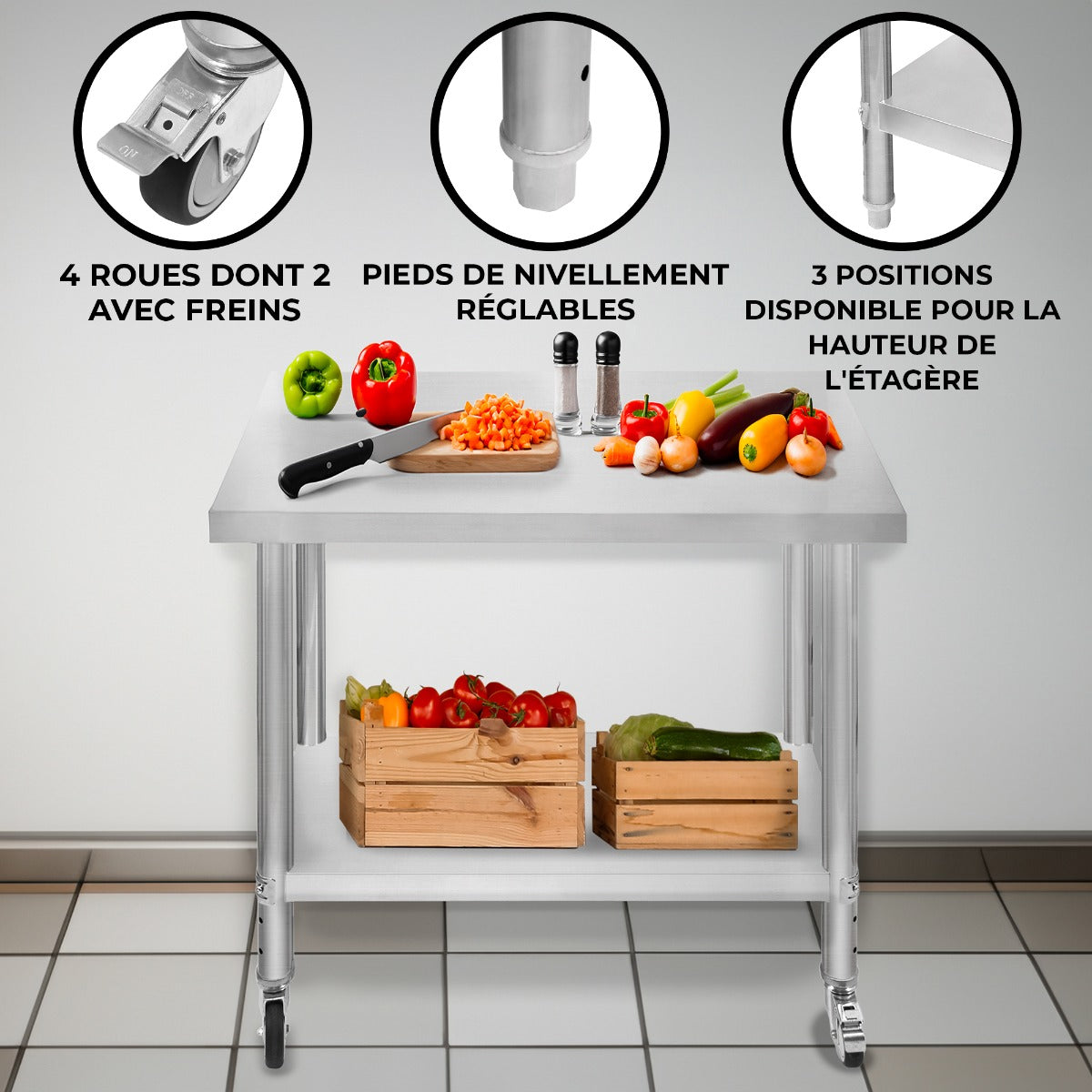 KuKoo Table de Travail en Inox - 60 x 90 x 86 cm