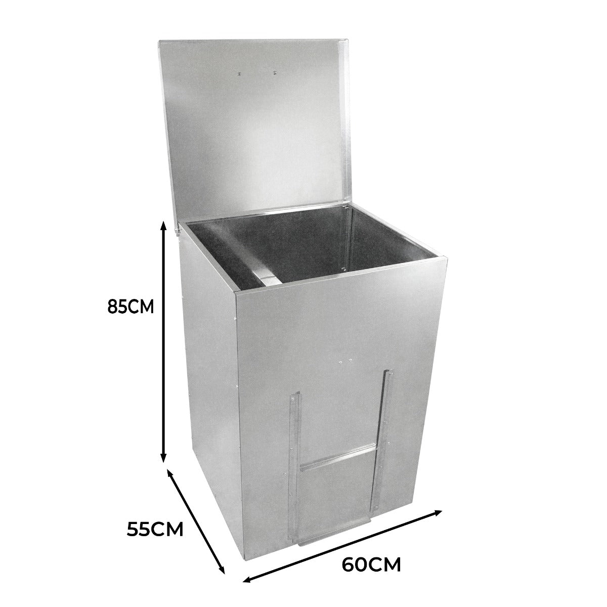 Conteneur à charbon de 300 L en acier inoxydable, finition brillante, dimensions 85 cm de hauteur, 60 cm de largeur, 55 cm de profondeur