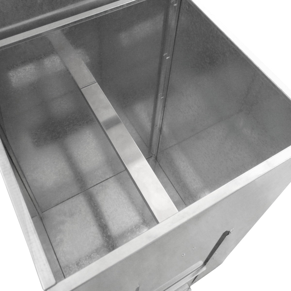 Conteneur à charbon de 300 L en acier inoxydable, intérieur lisse et brillant, avec une séparation centrale pour une meilleure organisation