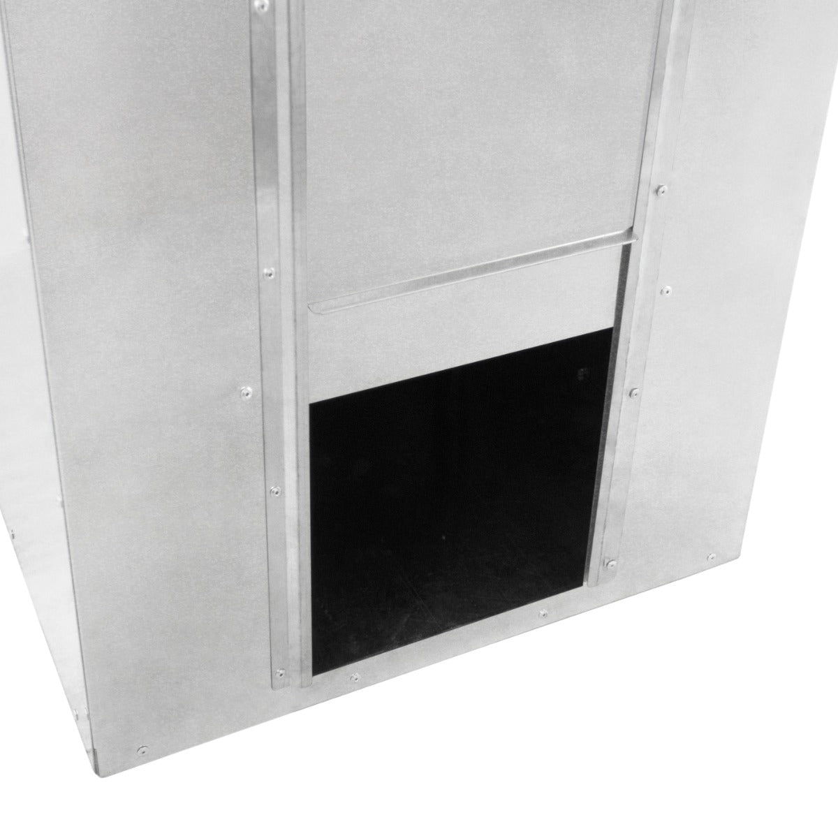 Conteneur à charbon de 300 L en métal argenté, avec une ouverture noire en bas pour un accès facile et un design robuste et durable