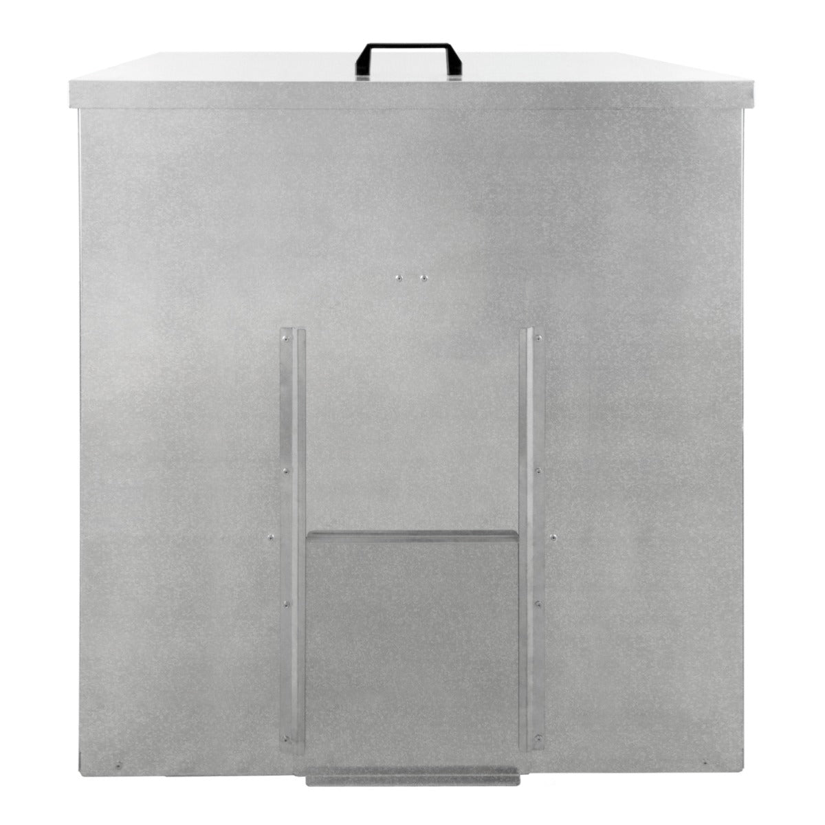 Conteneur à charbon en métal argenté de 390 L, avec une texture lisse, un couvercle plat et une poignée noire pour un transport facile