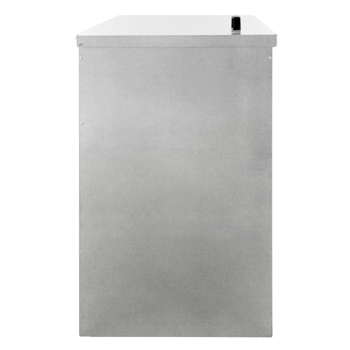 Conteneur à charbon de 390 L en métal argenté, surface lisse, design rectangulaire avec un couvercle plat et une poignée noire