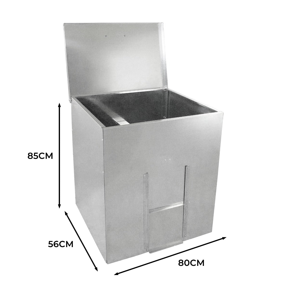 Conteneur à charbon en acier inoxydable de 390 L, finition brillante, dimensions 85 cm de haut, 80 cm de large, 56 cm de profondeur