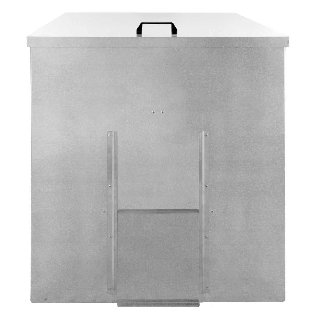 Conteneur à charbon de 520 L en métal argenté, avec un couvercle plat et une poignée noire, conçu pour un stockage efficace et durable