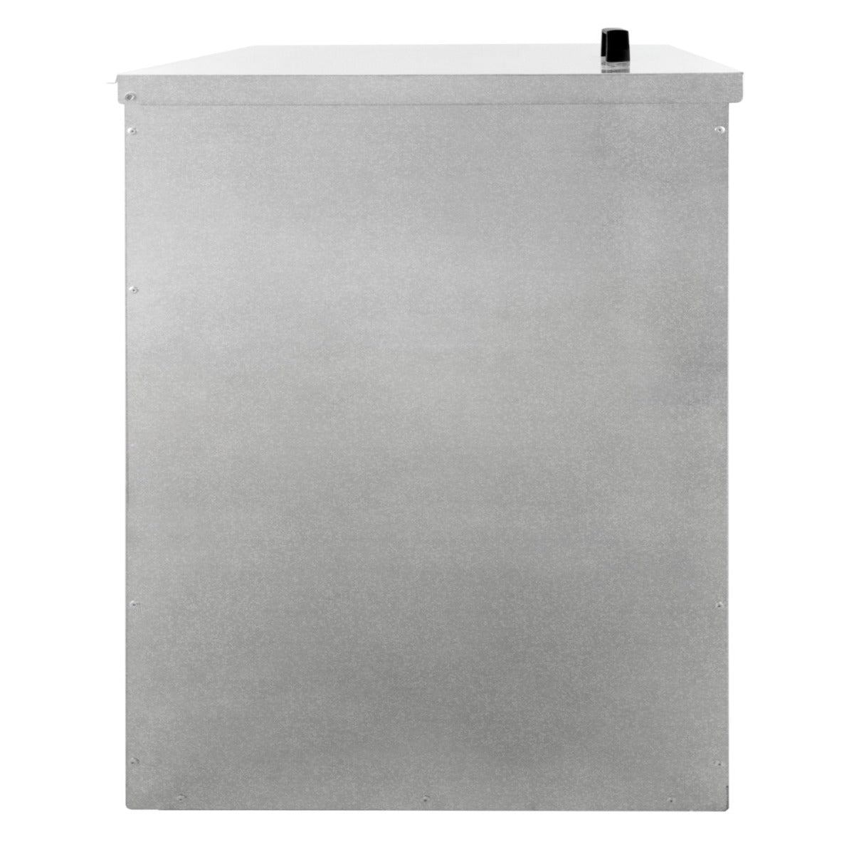Conteneur à charbon de 520 L en acier inoxydable, finition argentée, surface lisse et robuste, avec un couvercle plat et une poignée noire