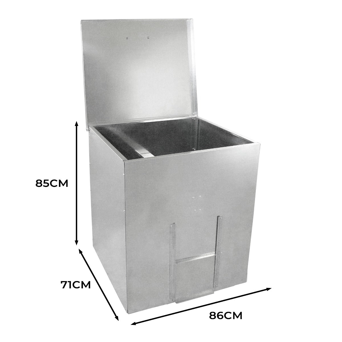 Conteneur à charbon en acier inoxydable de 520 L, finition brillante, dimensions 85 cm de haut, 86 cm de large, avec couvercle rabattable