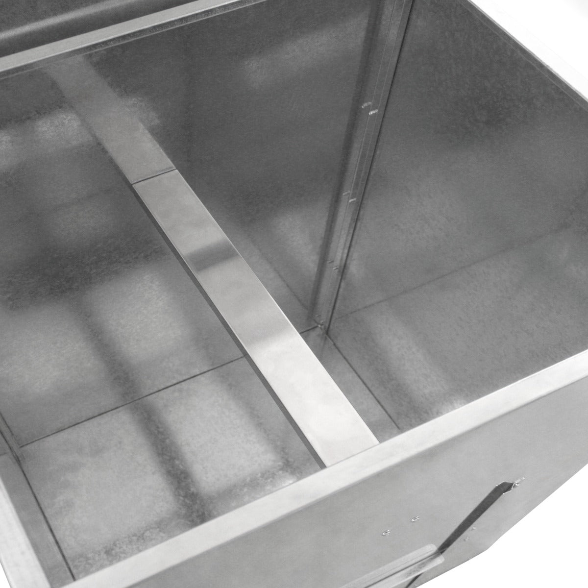 Conteneur à charbon en métal galvanisé de 520 L, intérieur lisse et brillant, avec une séparation centrale pour un rangement optimal