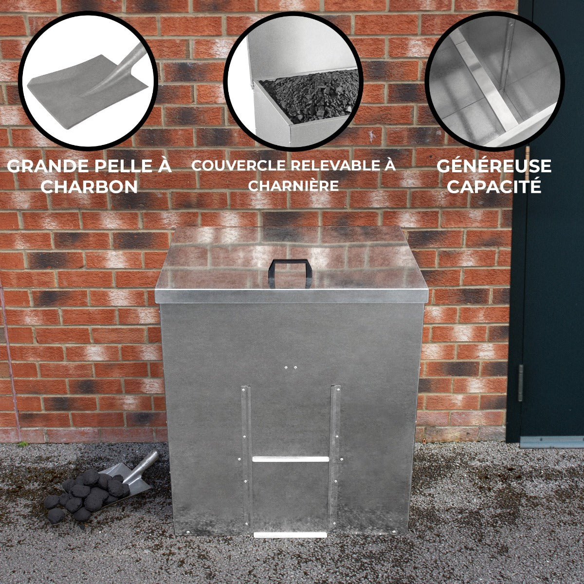 Conteneur à charbon en acier inoxydable de 520 L, finition brillante, couvercle relevable avec charnière, design robuste et pratique