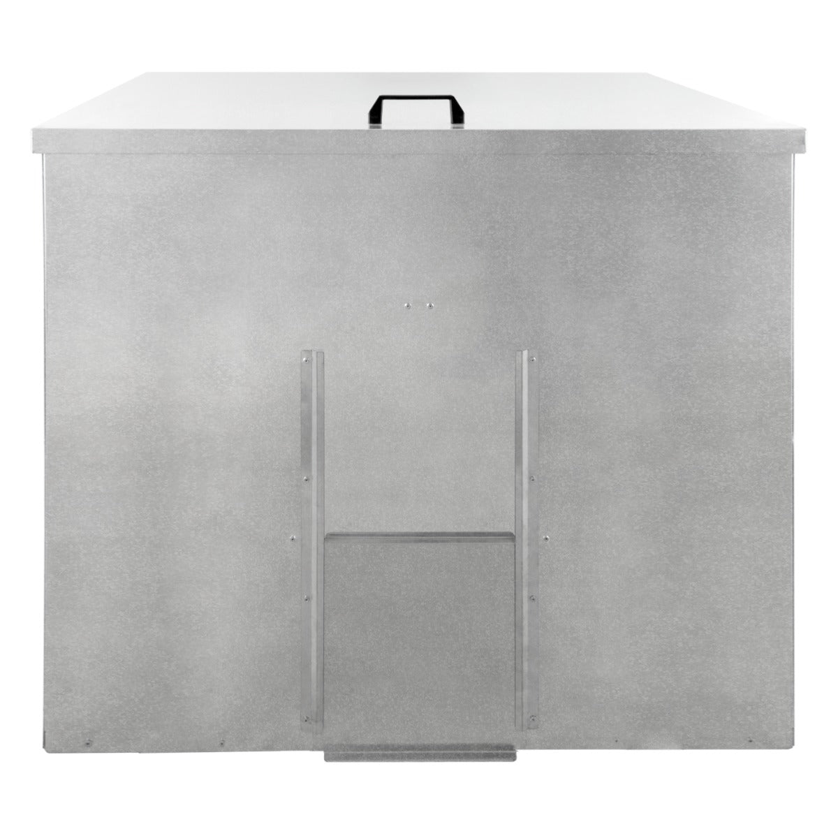 Conteneur à charbon en métal gris, robuste, avec une finition lisse, un couvercle plat et une poignée pour un transport facile