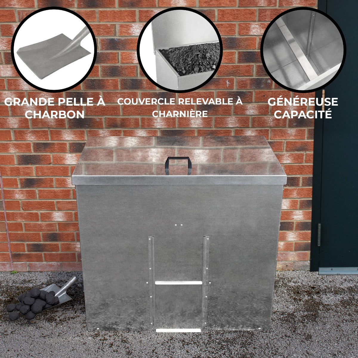 Conteneur à charbon en acier inoxydable, finition brillante, couvercle relevable à charnière, grande capacité, idéal pour le stockage