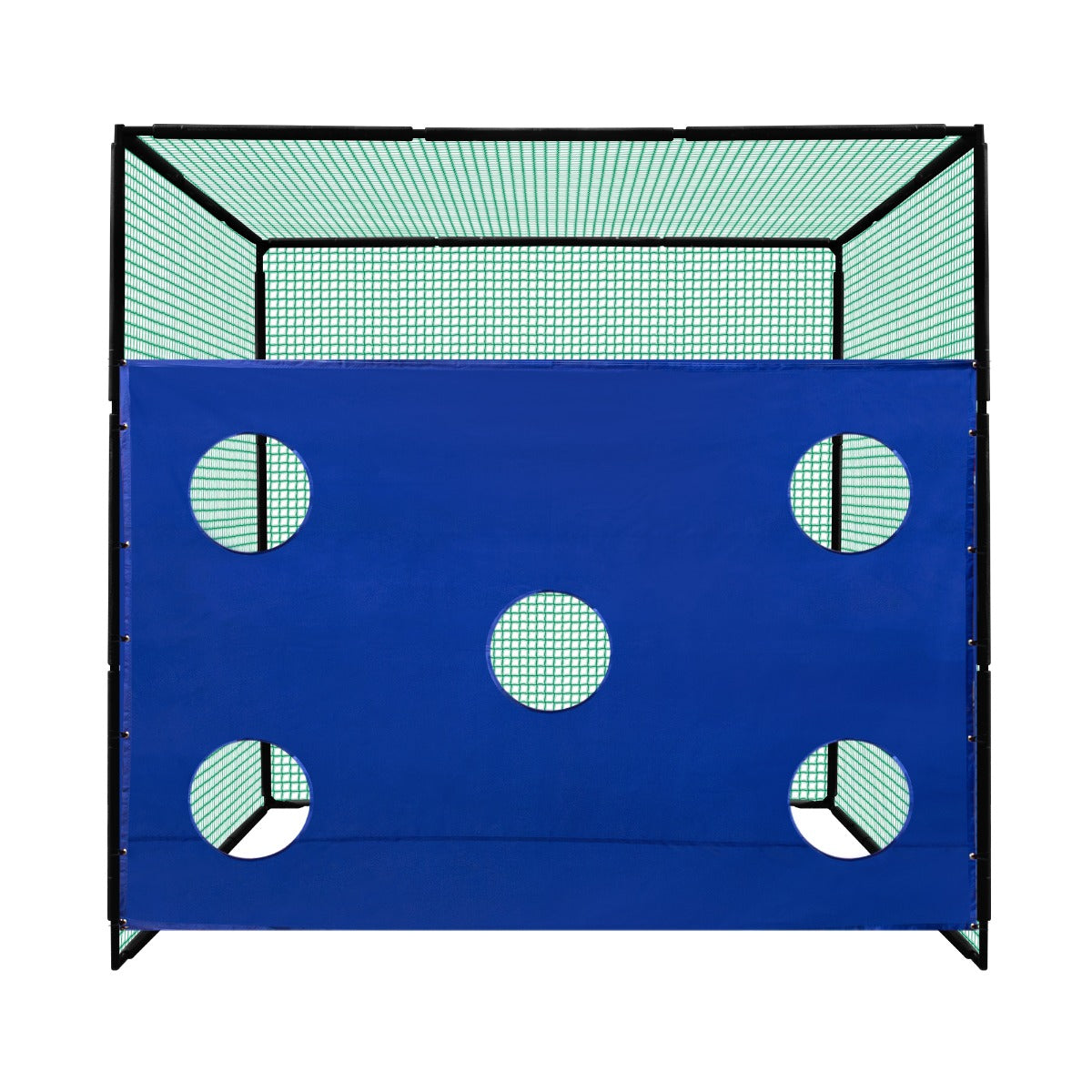 Cible multi-trous bleue pour l'entraînement de golf, avec un cadre noir et un filet de protection, idéale pour améliorer la précision