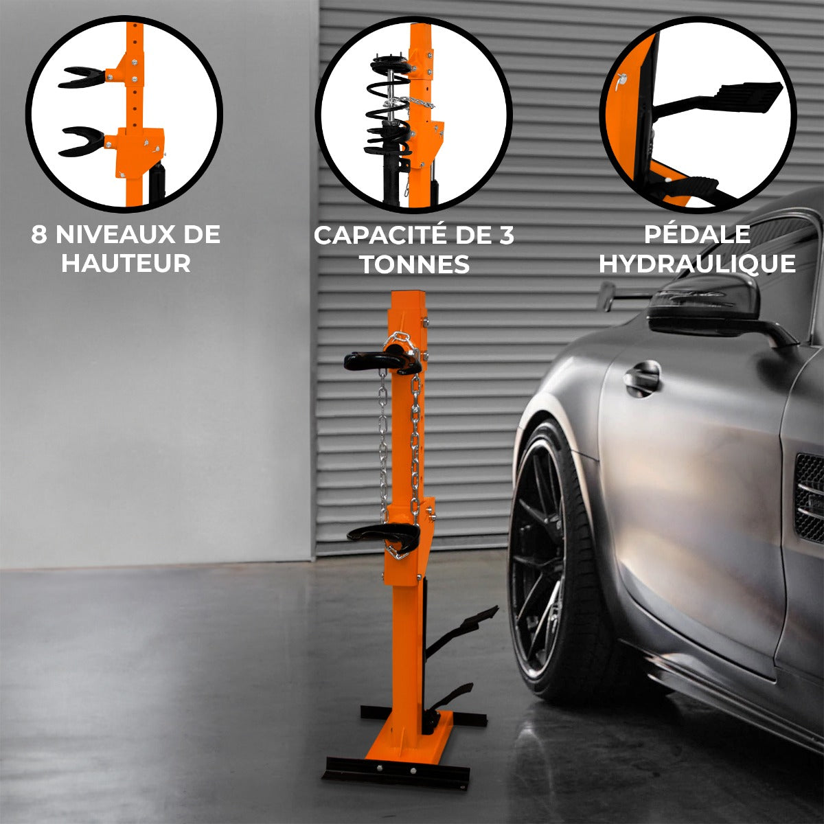 Compresseur de ressort d’amortisseur hydraulique 3T, orange vif, avec 8 niveaux de hauteur et pédale hydraulique pour un usage facile