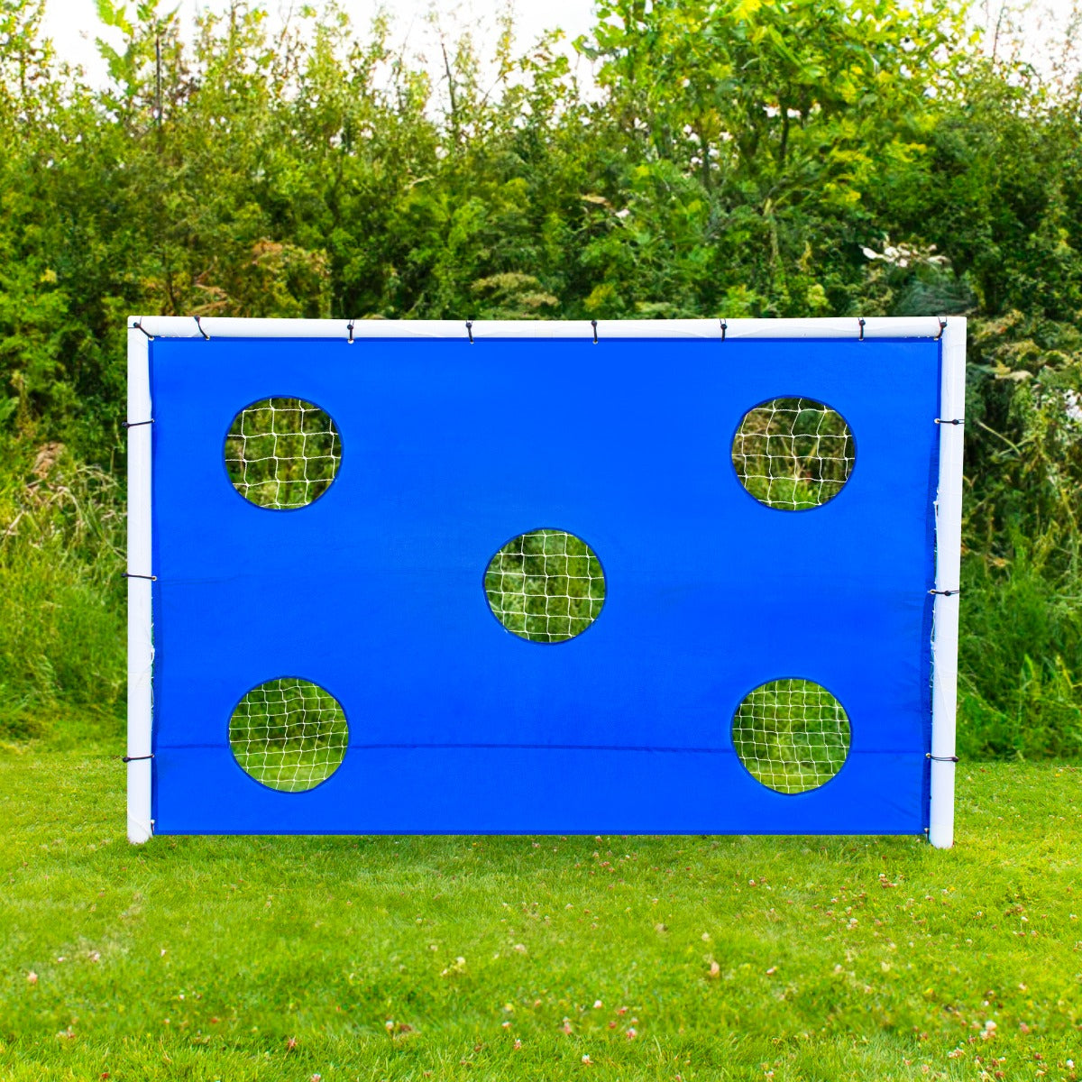 But de football 1,8 x 1,2 m avec un filet bleu vif et cinq trous circulaires, idéal pour l'entraînement et les jeux en plein air