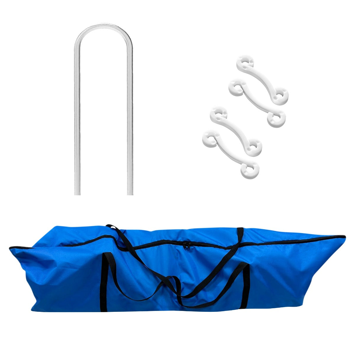 But de football 1,8 x 1,2 m avec sac de transport bleu, tiges en métal argenté et crochets blancs pour fixation au sol