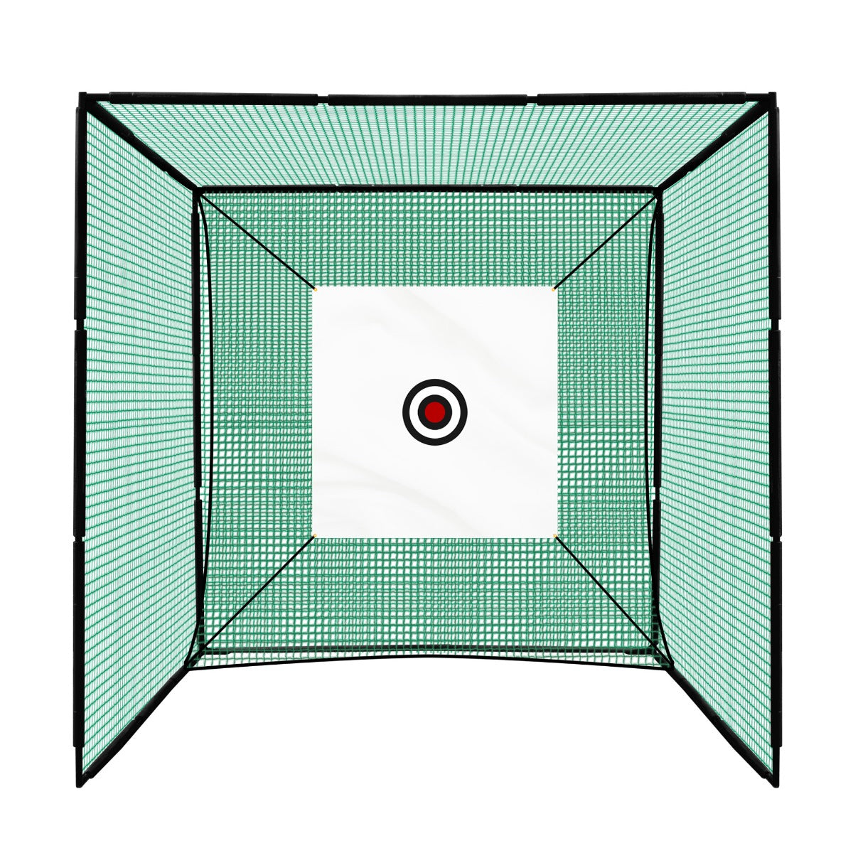Cage d'entraînement de golf avec une cible blanche et rouge, maillage vert, structure en métal noir, idéale pour le perfectionnement du swing