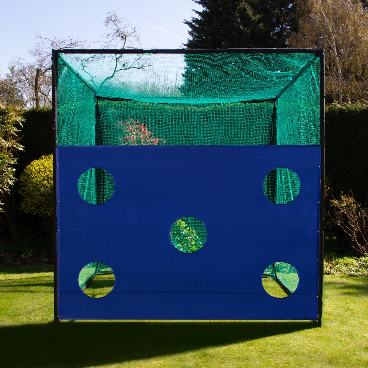 Cage d'entraînement de golf avec une structure noire, filet vert et panneau bleu, comportant plusieurs trous ronds pour la pratique
