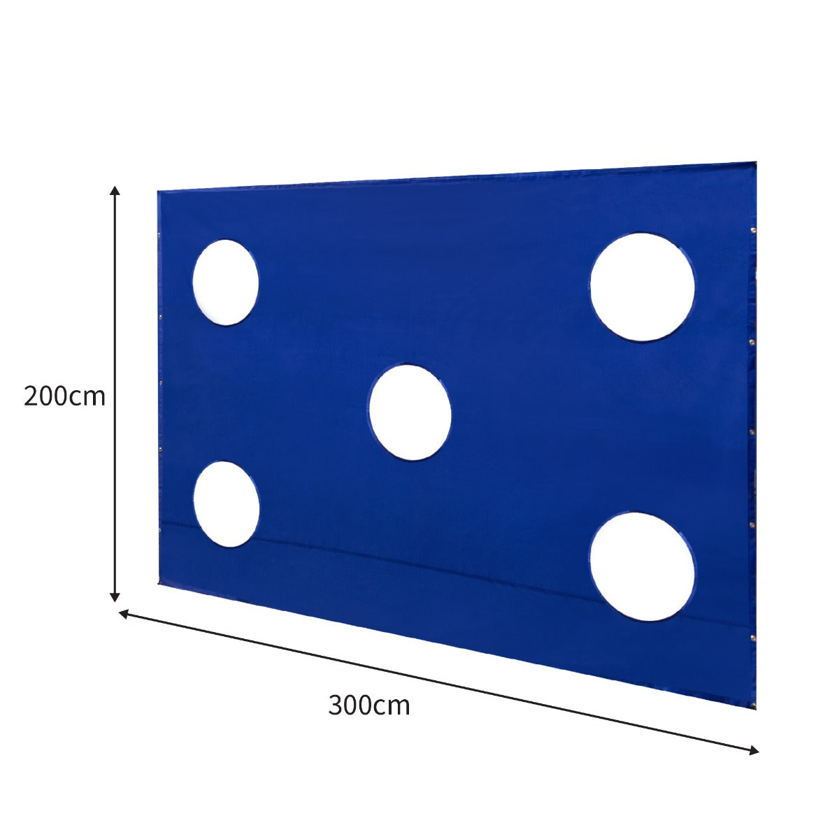 Cage d'entraînement de golf bleu avec cinq trous circulaires, dimensions 300 cm de large et 200 cm de haut, en tissu résistant