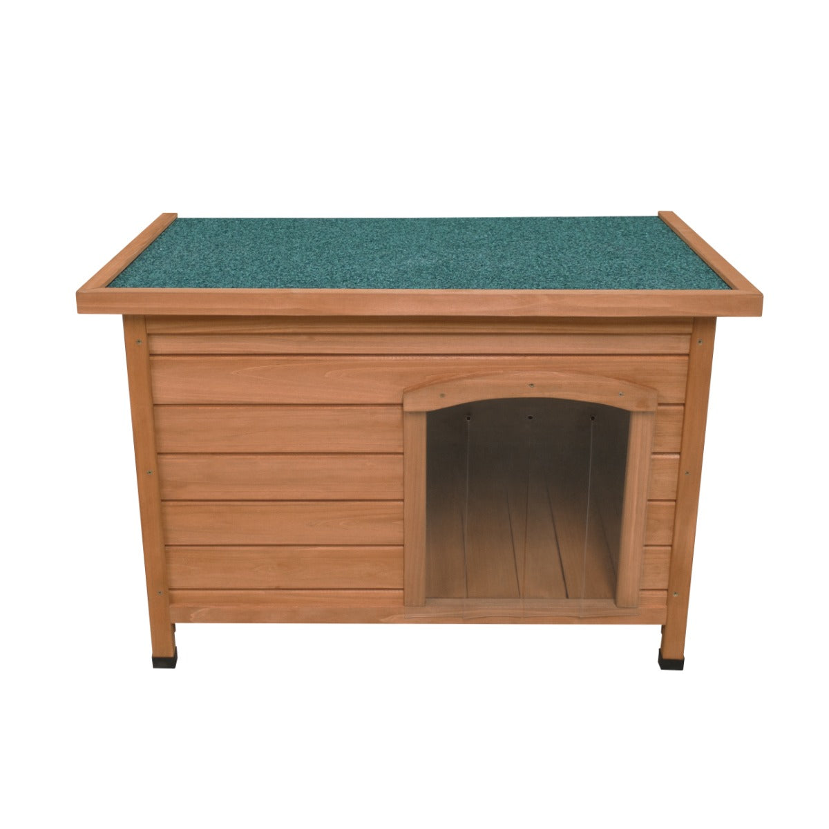 Niche pour chien en bois, finition naturelle, toit vert en feutre, entrée arrondie, idéale pour les petits animaux de compagnie