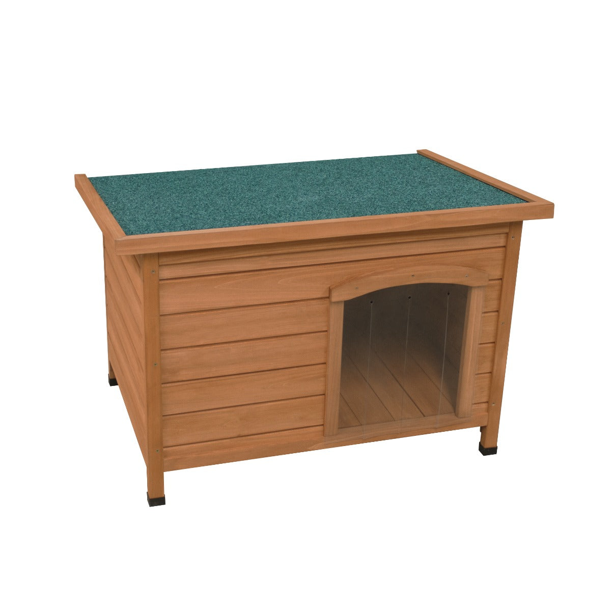 Niche pour chien en bois, couleur miel, avec un toit vert en feutre, porte d'entrée arrondie et pieds en plastique noir pour stabilité