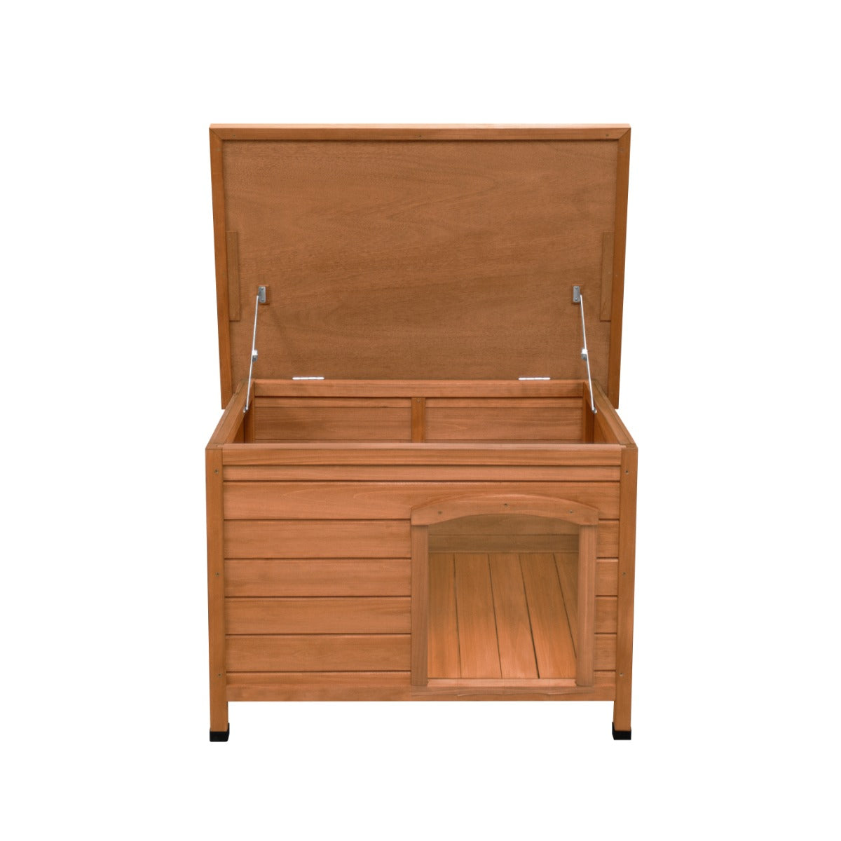 Niche pour chien en bois clair, avec un toit ouvrant, une porte d'entrée et des parois à lattes, idéale pour les petits animaux
