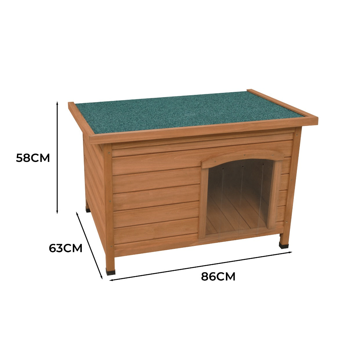 Niche pour chien en bois, couleur miel, toit vert en feutre, dimensions 86x63x58 cm, avec une entrée arrondie et une finition lisse