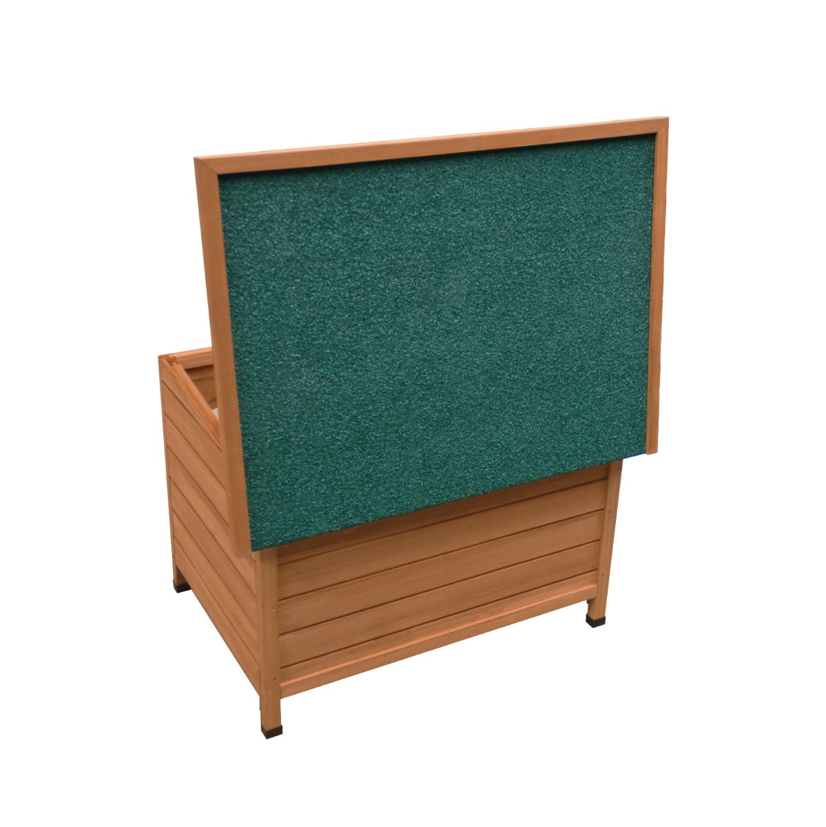Niche pour chien en bois, couleur miel, avec un panneau vert en herbe synthétique, conçu pour le confort des petits animaux