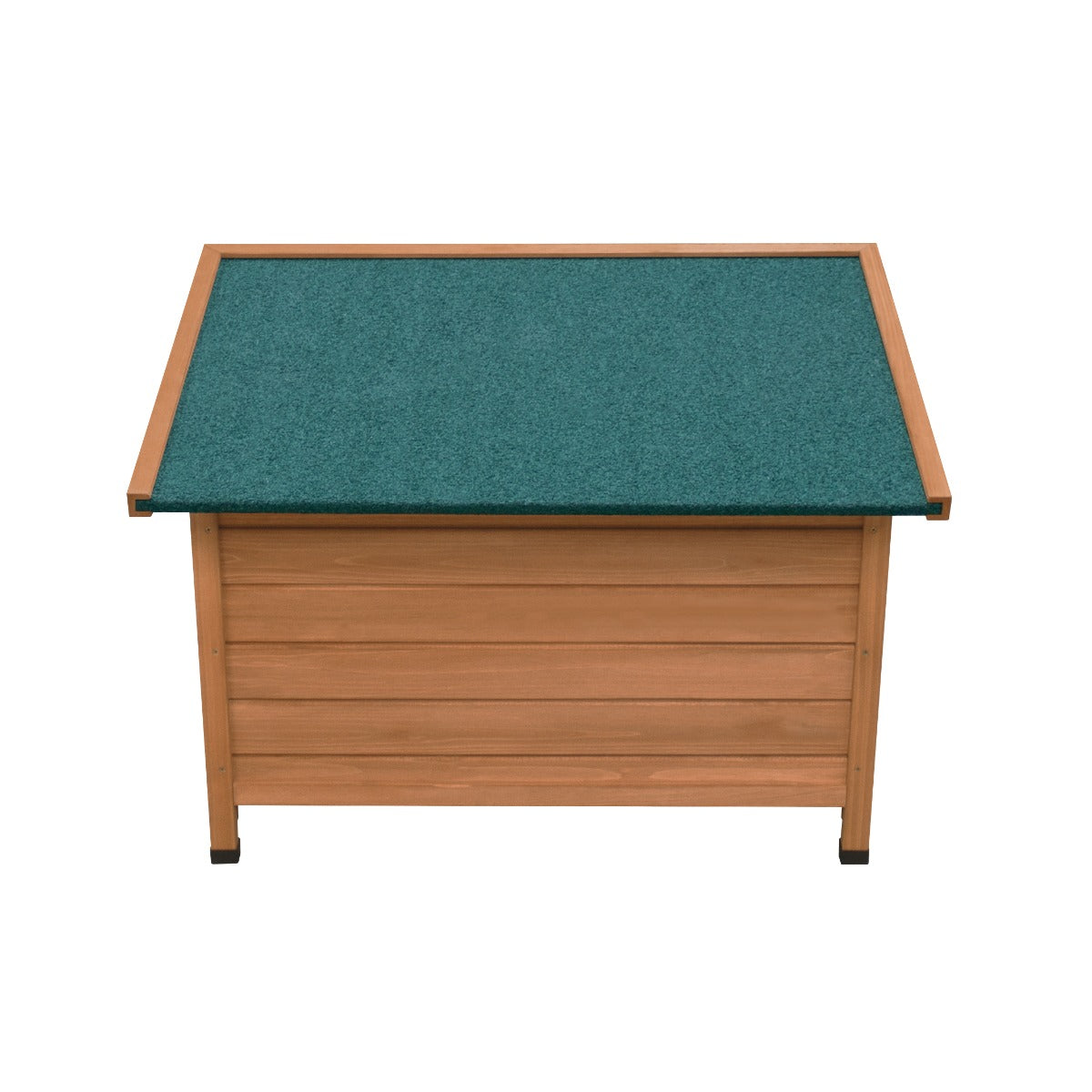 Niche pour chien en bois clair avec toit vert en feutre, conçu pour les petites tailles, offrant confort et protection extérieure