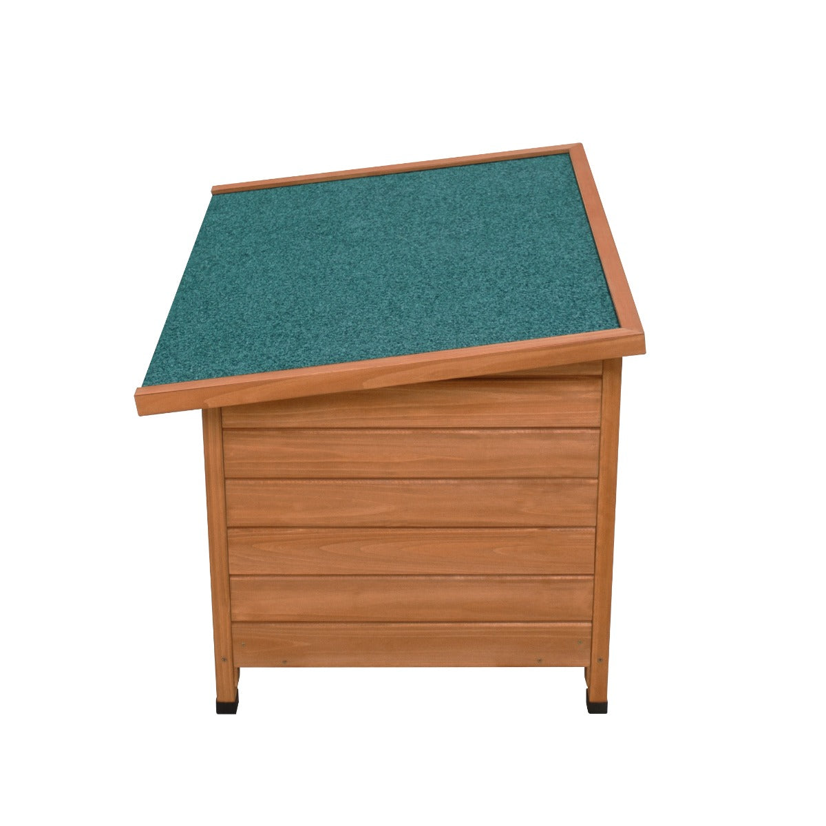 Niche pour chien en bois, couleur miel, avec toit incliné en vert, offrant un espace confortable et abrité pour les petits chiens