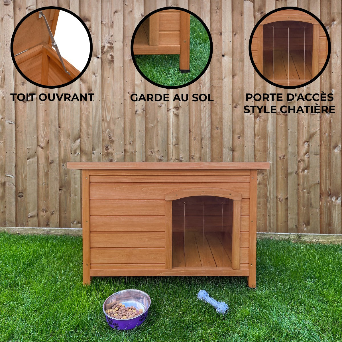 Niche pour chien en bois clair, toit ouvrant, porte d'accès style chatière, surélevée pour une meilleure circulation d'air, fond en herbe