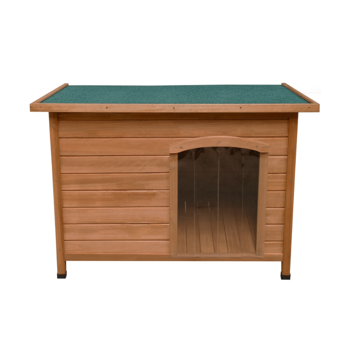 Niche pour chien en bois naturel, toit vert en feutre, porte d'entrée transparente, idéale pour les chiens de taille moyenne
